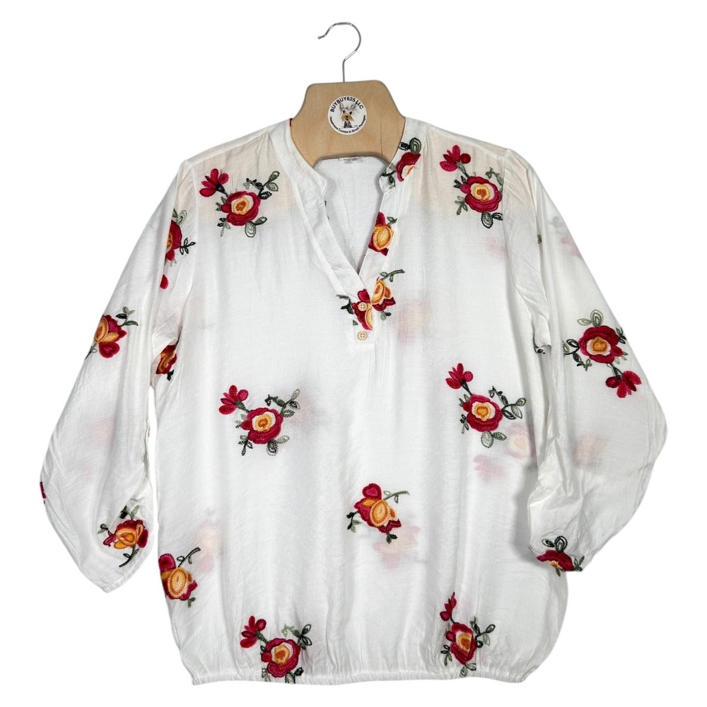 Kindred Boho Embroidered Floral Blouse XL White Peasant Top